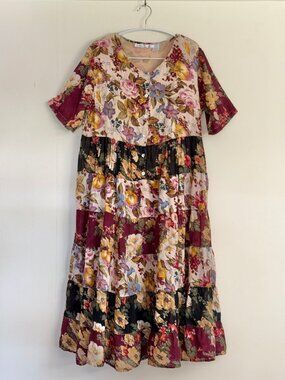 Vintage La Cera Lined Patchwork Floral Tiered Midi Dress Shoulder Pads, XL